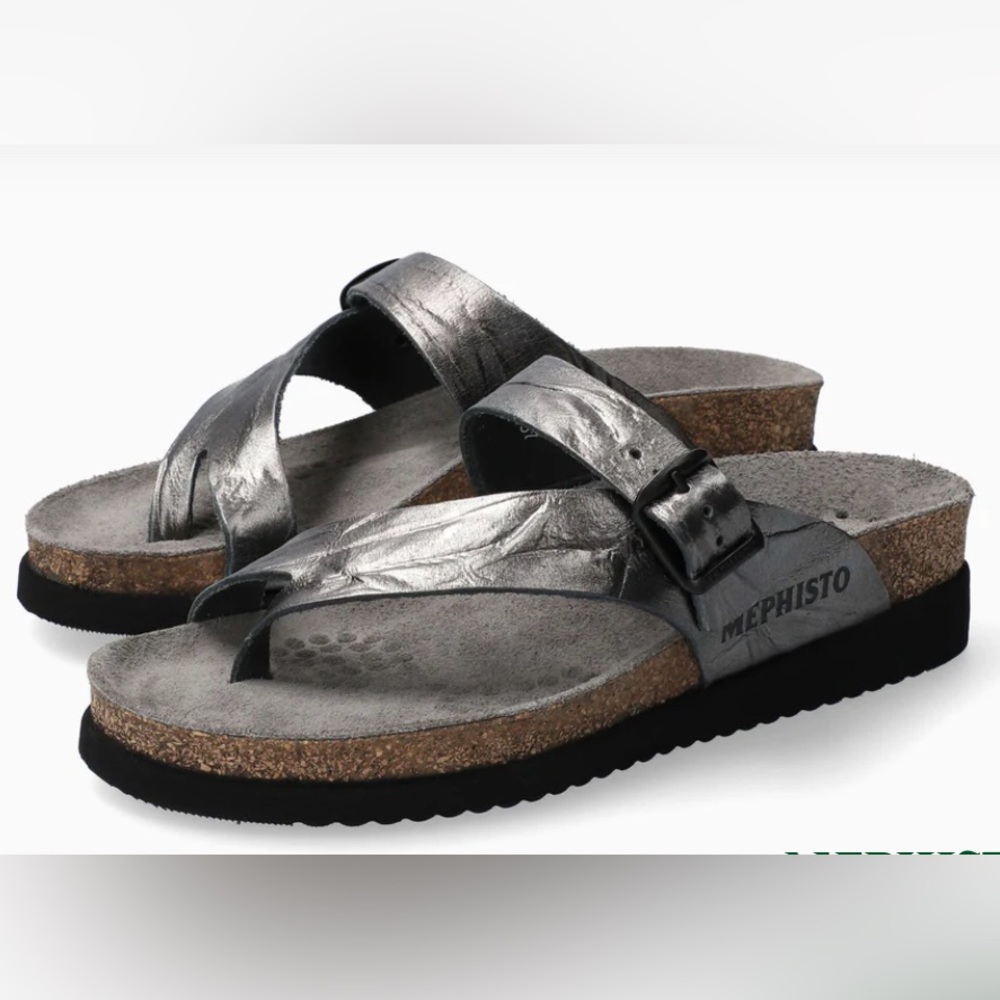 Mephisto Metallic Gray Helen Leather Sandals Comfortable Cork Footbed Size 40